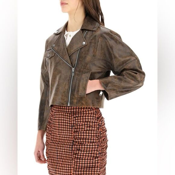 GANNI Washed Perfecto Brown Leather Cropped Biker Jacket size 36 US S Sold Out - Picture 4 of 16